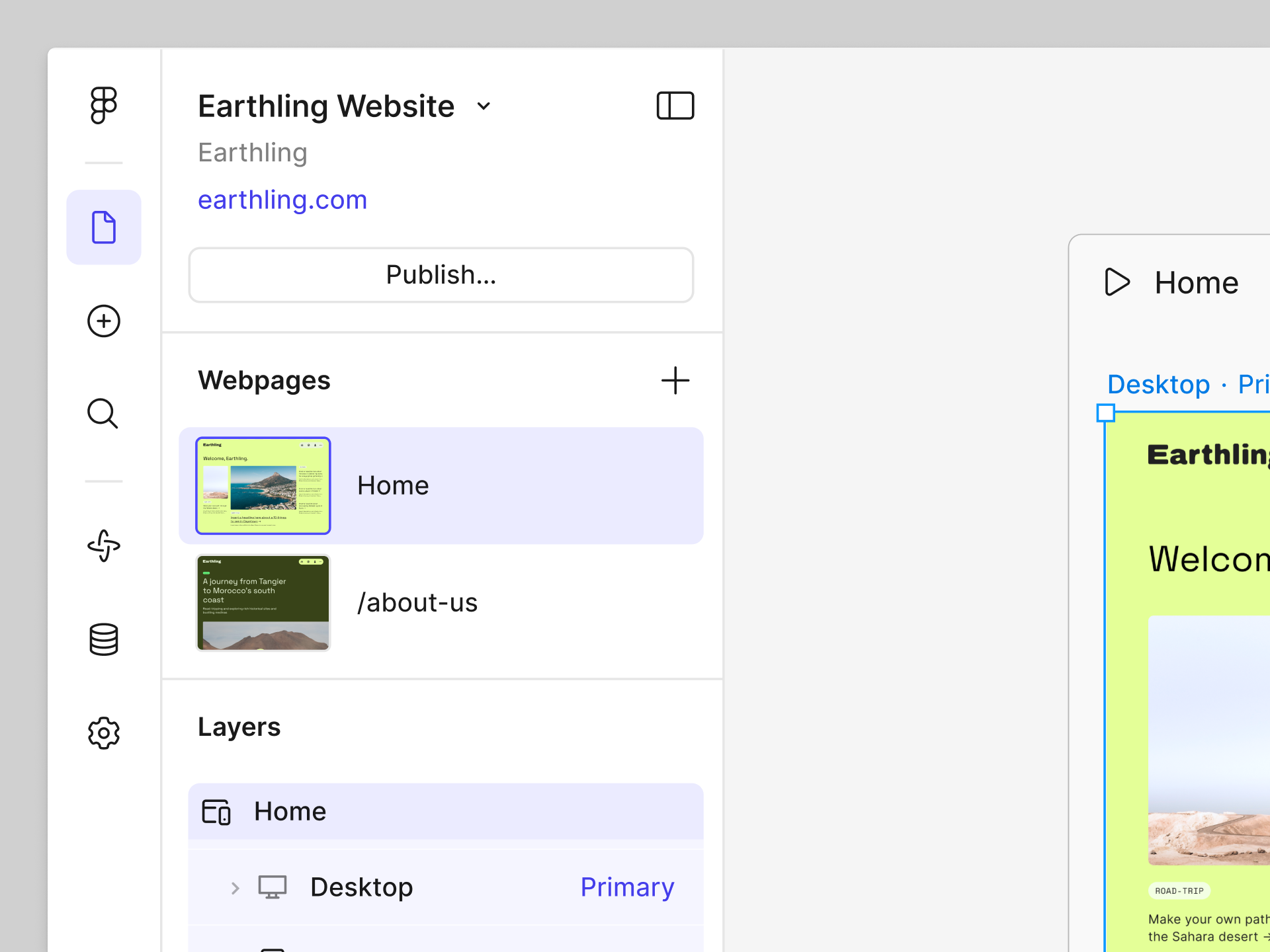 Figma Sites interface showcasing the left navigation panel with File browser, Insert menu, and future CMS and Make tools.