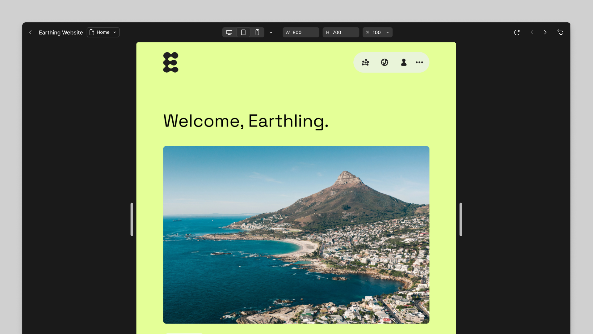 Figma Sites interface for previewing websites on different devices and sharing or publishing the final site.